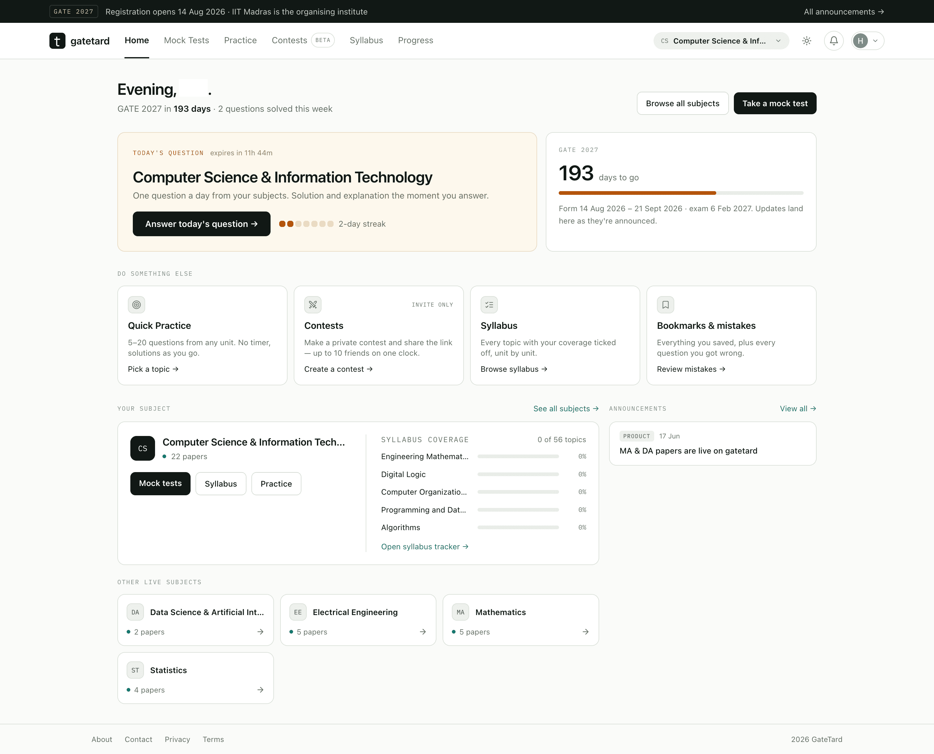The gatetard.in home dashboard: today's question, days to GATE 2027, quick practice, contests, syllabus and bookmarks.